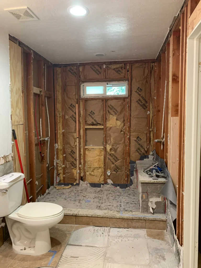 Bathroom interior gutted down to the wood framing, showing exposed wall studs, insulation, plumbing lines, and tile subfloor during demolition.