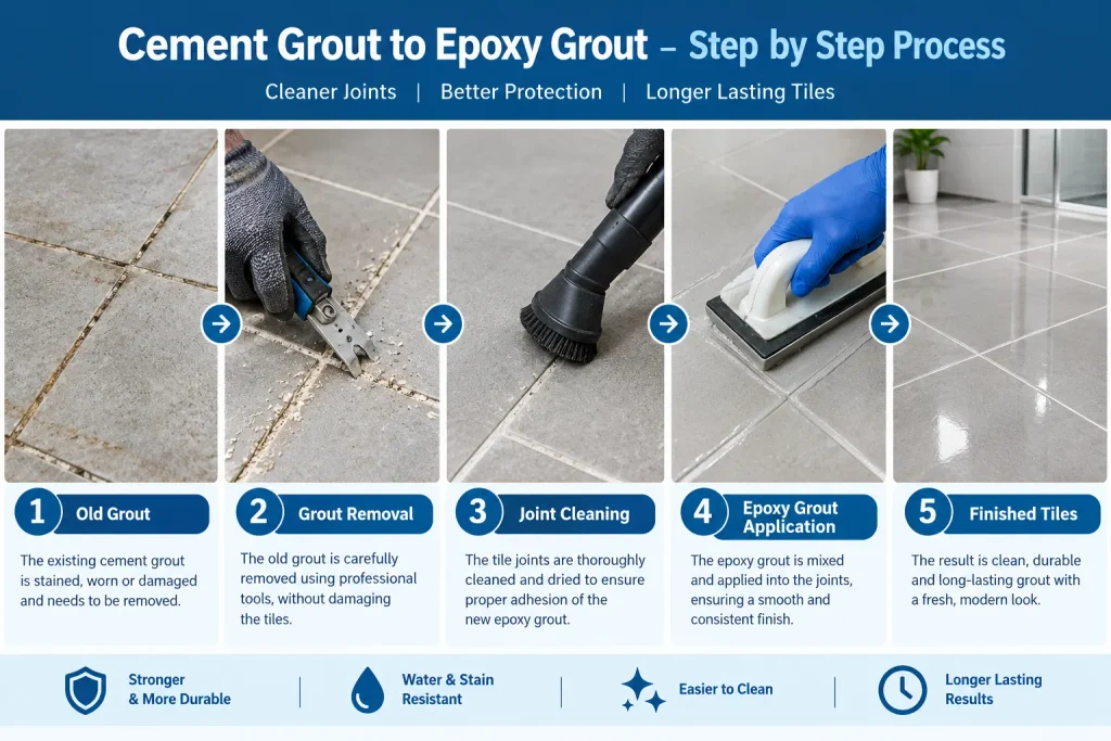Cement grout replacement with epoxy grout
